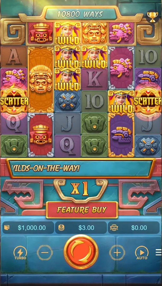 Treasures of Aztec WILDS-ON-THE-WAY - full 6x5 cascade grid with Aztec warrior backdrop