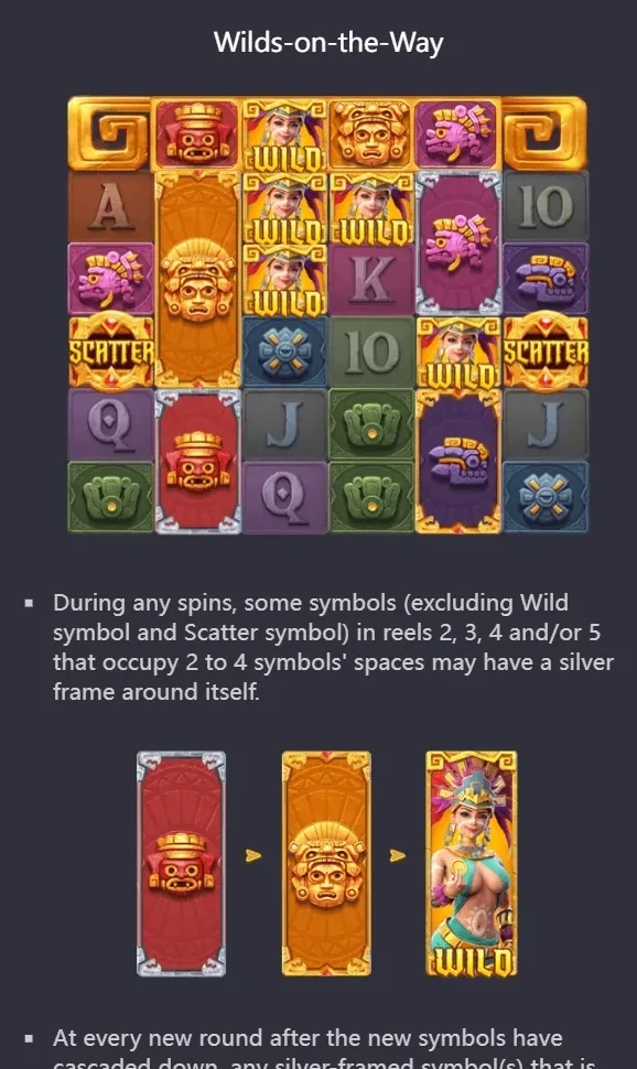 Treasures of Aztec WILDS-ON-THE-WAY - silver frame to gold frame to Wild progression diagram