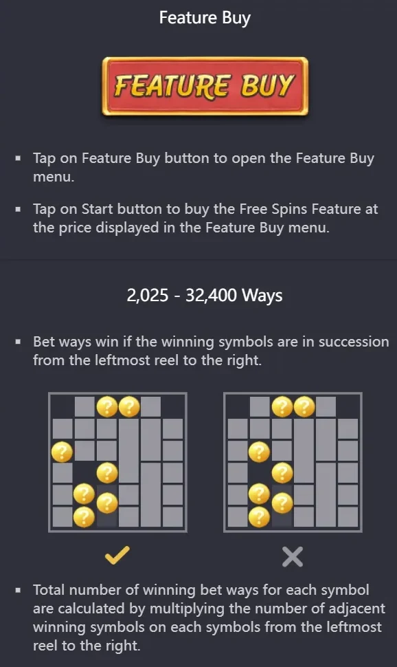 Treasures of Aztec FEATURE BUY rules - Feature Buy button and the 2,025 to 32,400 ways-to-win explanation