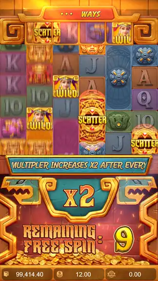 Treasures of Aztec Free Spins - Scatter symbols landing during the feature with the x2 multiplier active