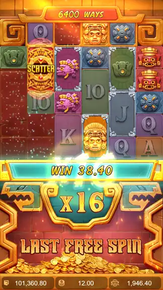 Treasures of Aztec Free Spins result - cumulative win 1,946.40, multiplier x16 on the last free spin